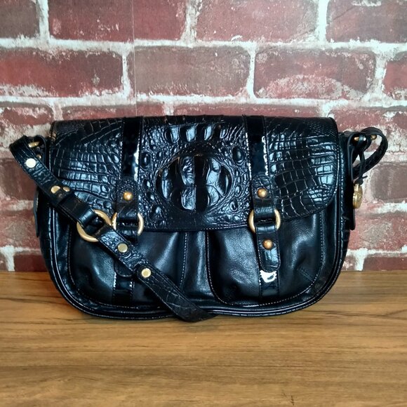 Brahmin Vintage Crossbody Bag Black Leather Melbourne Crocodile Embossed - Picture 1 of 8